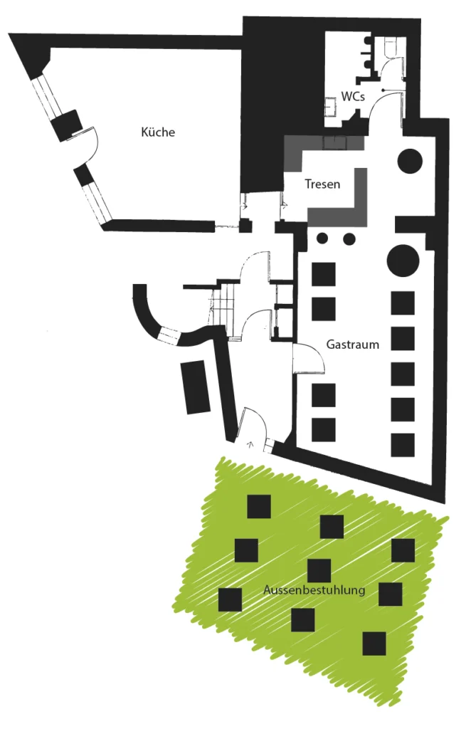 Grundriss Gastraum und Biergarten des Gasthaus Löwen in Rheinfelden